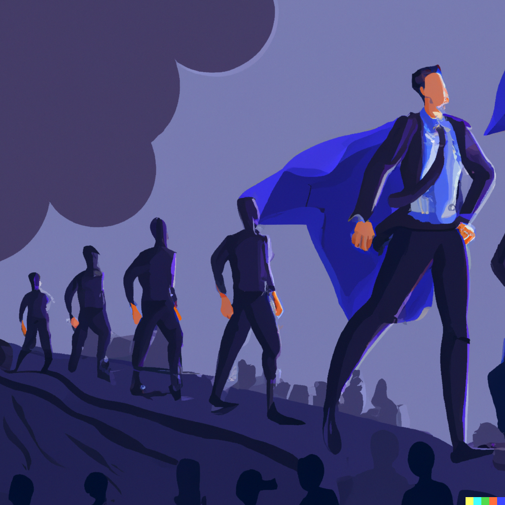 An entrepreneur hero leading a team and marching toward the victory of business success, digital art